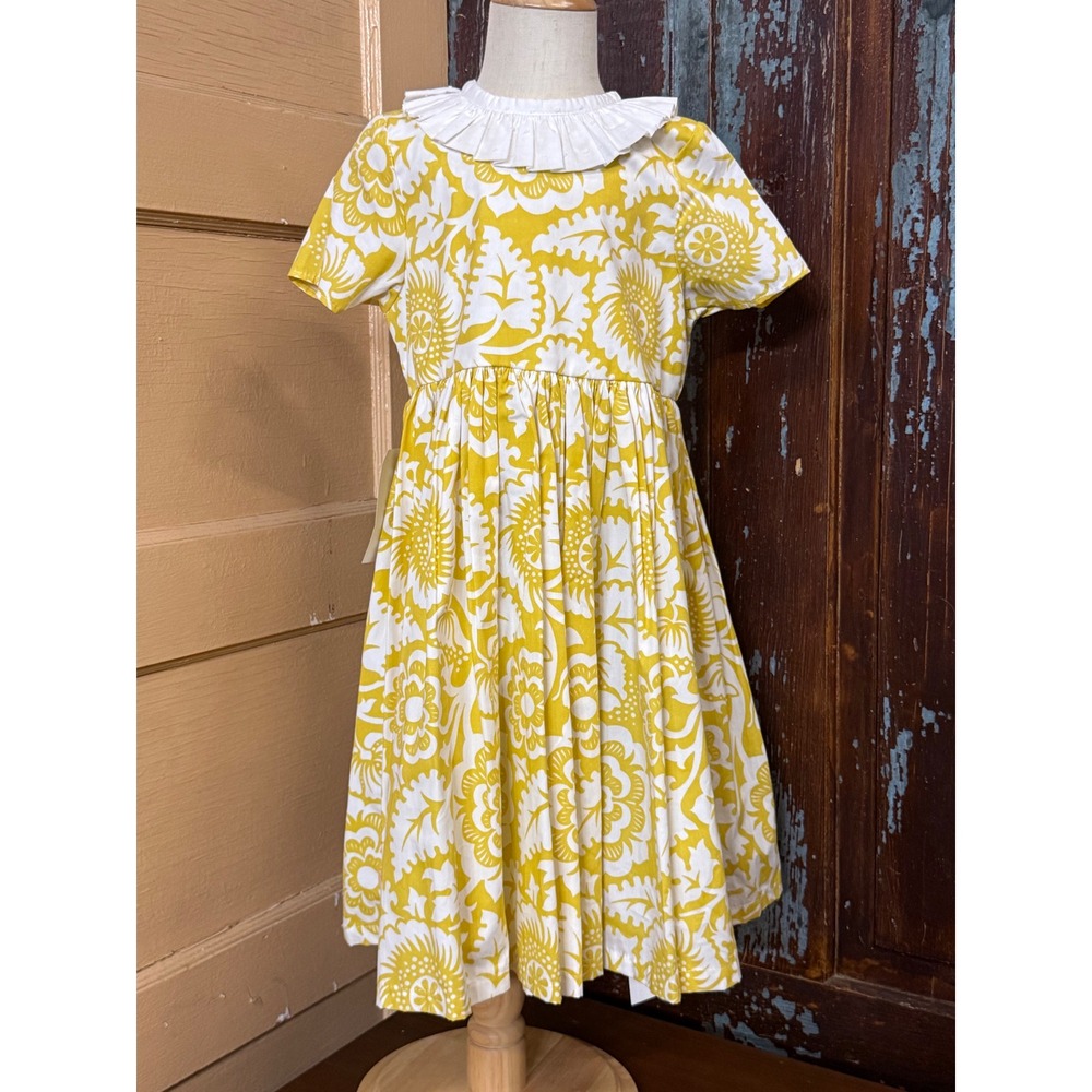 Persnickety Girls Yellow White Floral Damask Ruffle Collar Dress Size 7 NWT